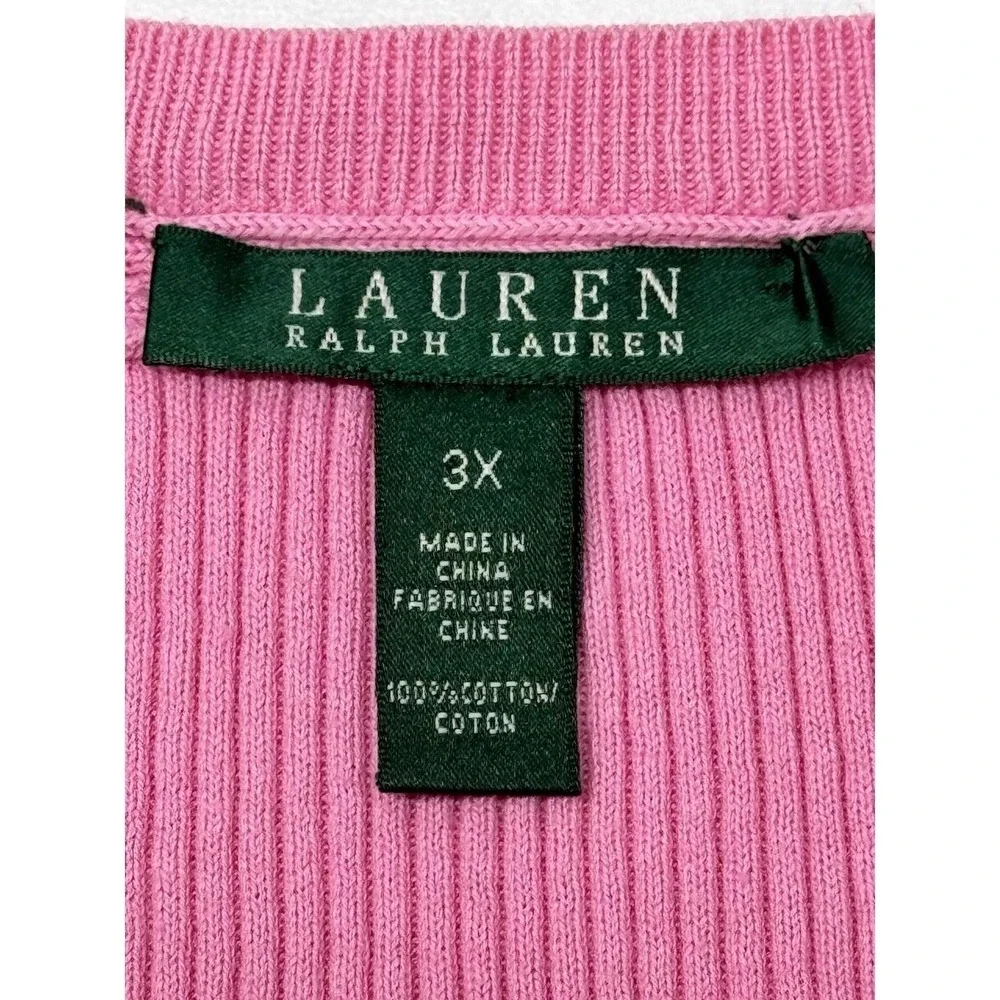 Lauren Ralph Lauren 3X Pink Ribbed V Neck Sweater Plus Size Preppy Chic